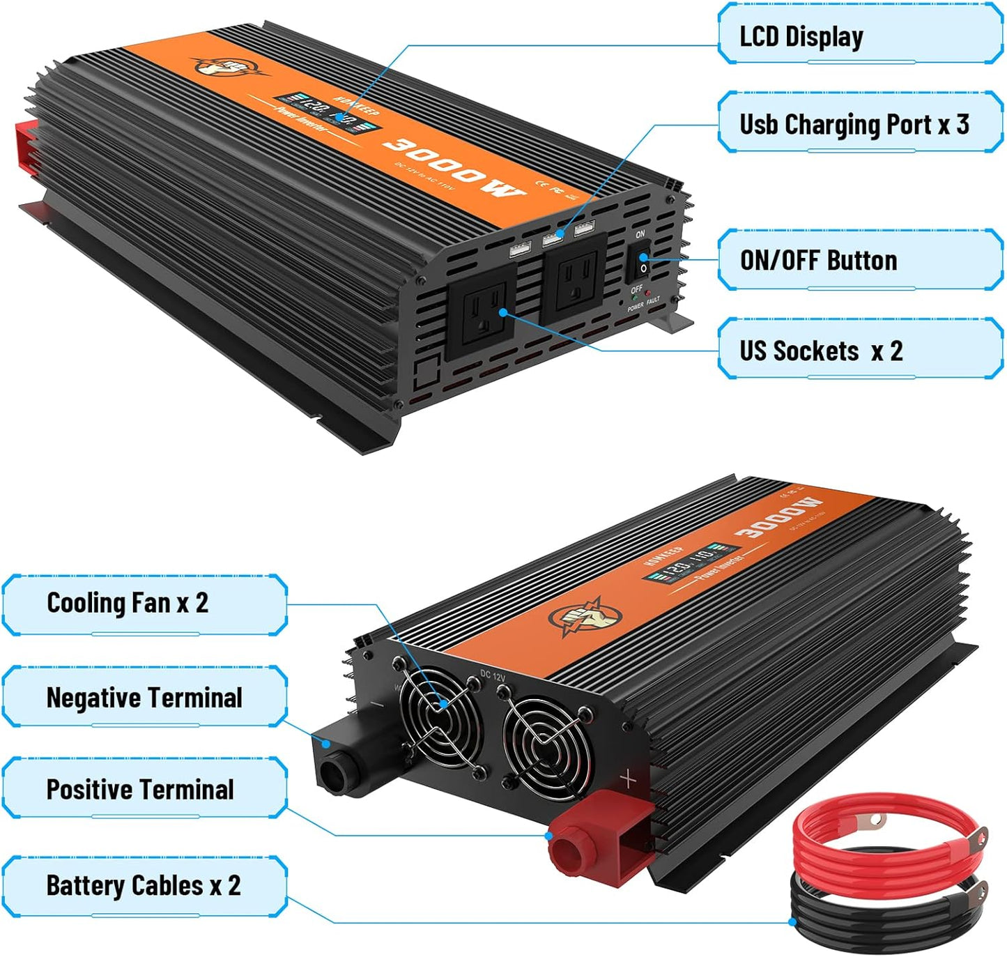 Homkeep 3000 Watt Heavy Duty Power Inverter 12V to 110V with LCD Display