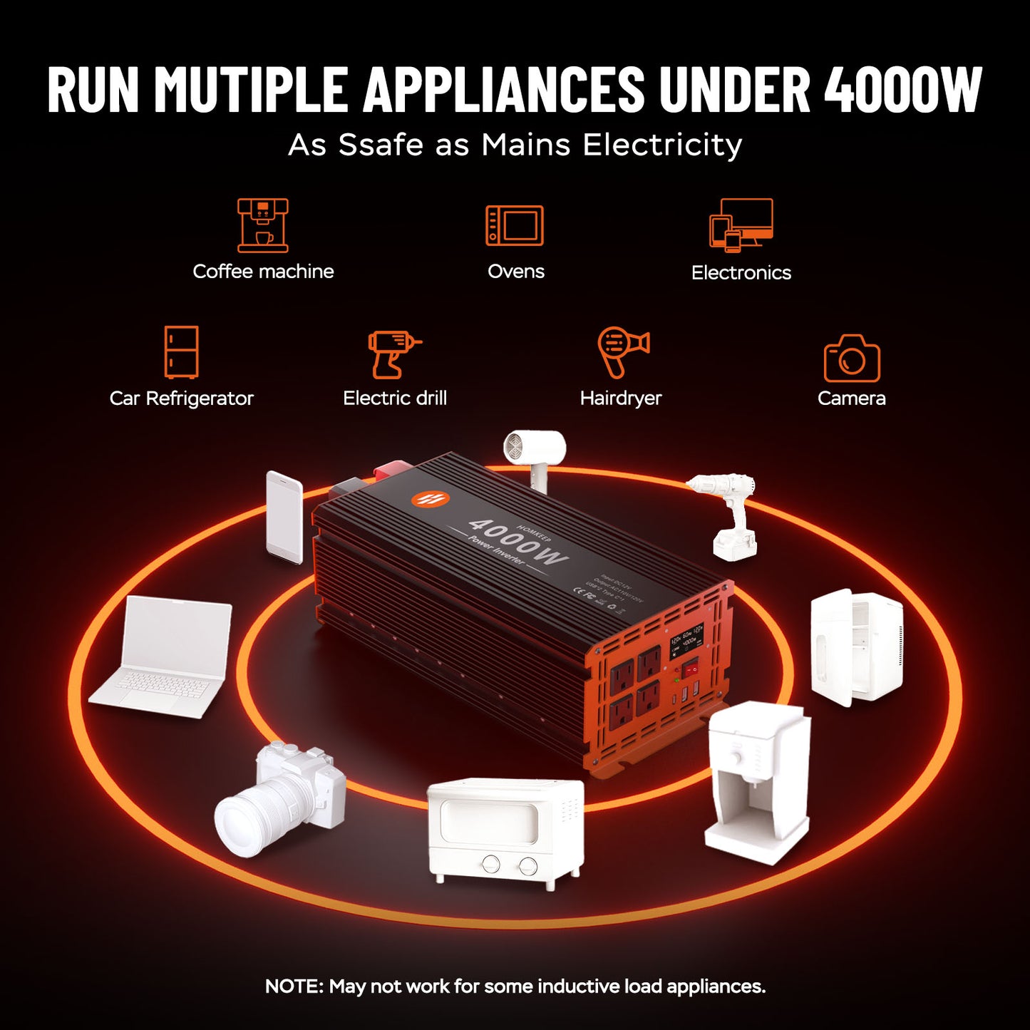 Homkeep 4000 Watt Power Inverter 12V DC to 110V/120V AC Converter with Remote Controller