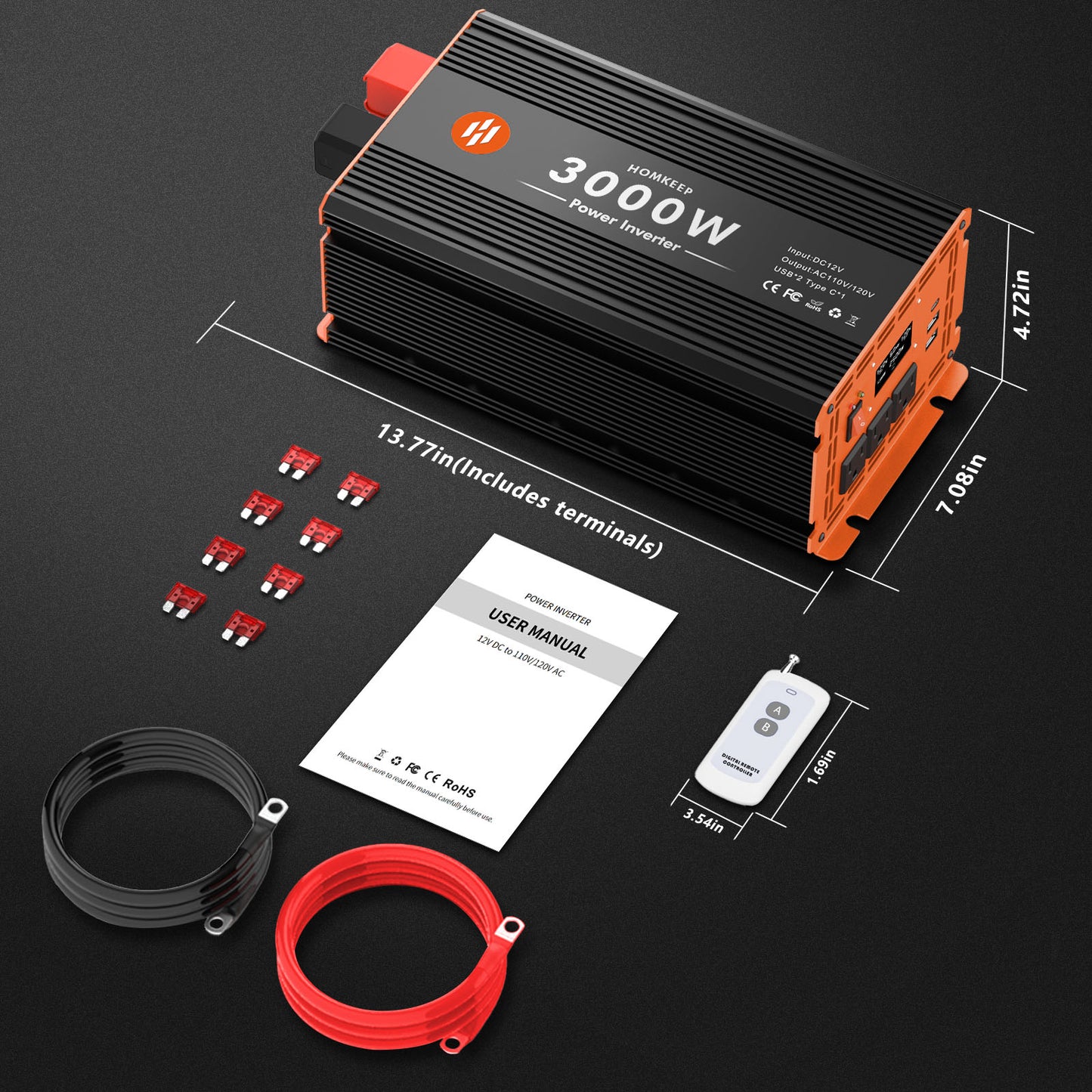 Homkeep 3000 Watt Power Inverter 12V DC to 110V/120V AC Converter with Remote Controller