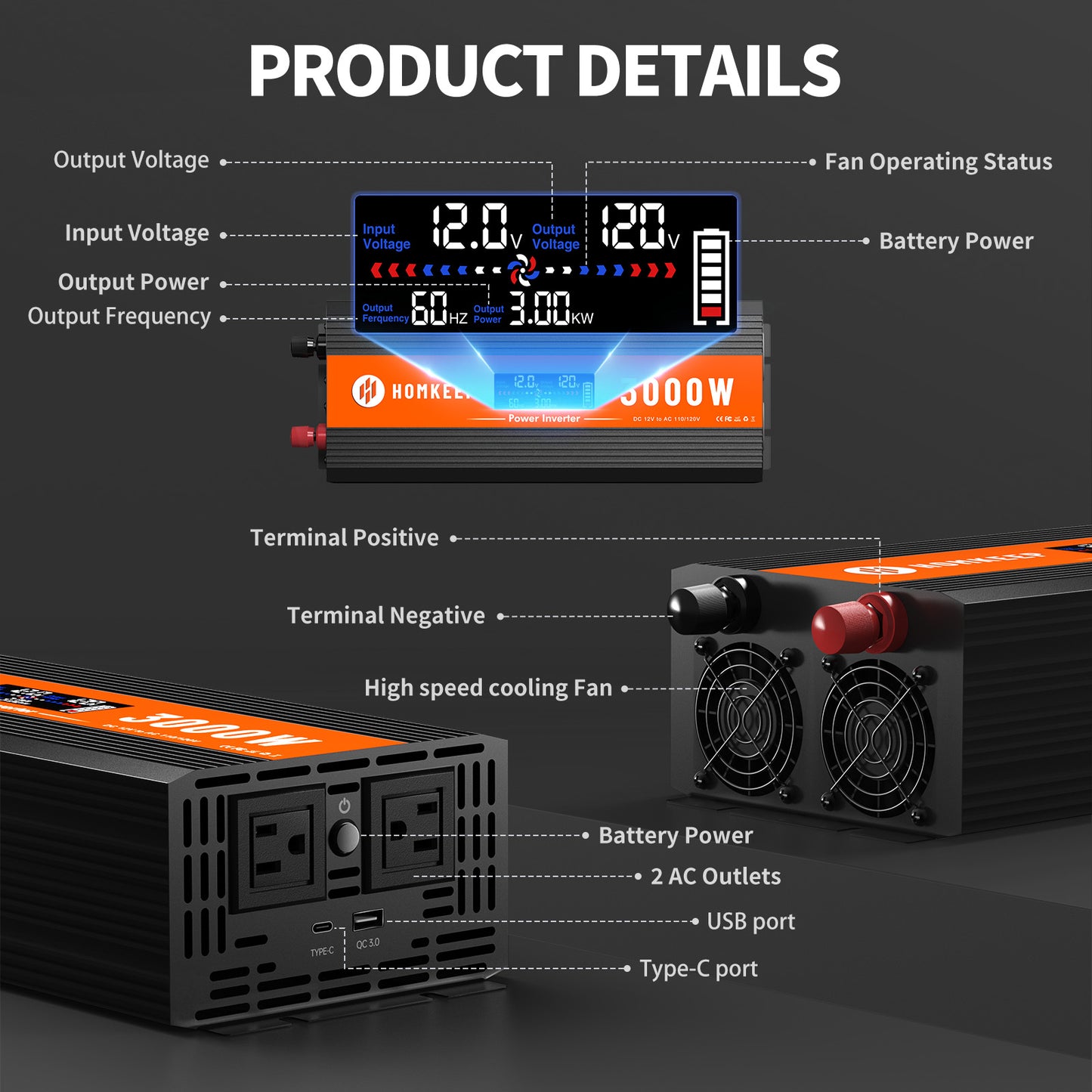 Homkeep 3000W Power Inverter 12V DC to 110V/120V AC Converter with LCD Display and Remote Controller